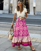 Damenrock mit elastischem Bund und Blumenmuster, großer Tellerrock, Boho-Midi-Rock im Patchwork-Stil, geeignet für Strand und Alltag