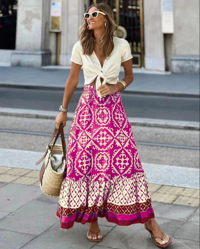 Damenrock mit elastischem Bund und Blumenmuster, großer Tellerrock, Boho-Midi-Rock im Patchwork-Stil, geeignet für Strand und Alltag