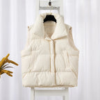 Damenmode Herbst Neu 2024 Stehkragen Elegante Daunenmäntel Warme Oberbekleidung Freizeitgürtel Ärmellose Winter Damenwesten Jacken