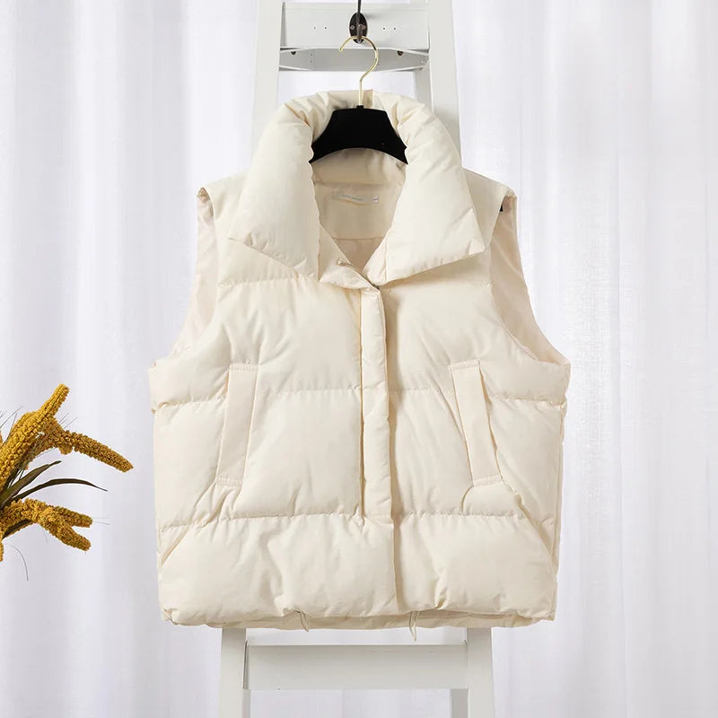 Damenmode Herbst Neu 2024 Stehkragen Elegante Daunenmäntel Warme Oberbekleidung Freizeitgürtel Ärmellose Winter Damenwesten Jacken
