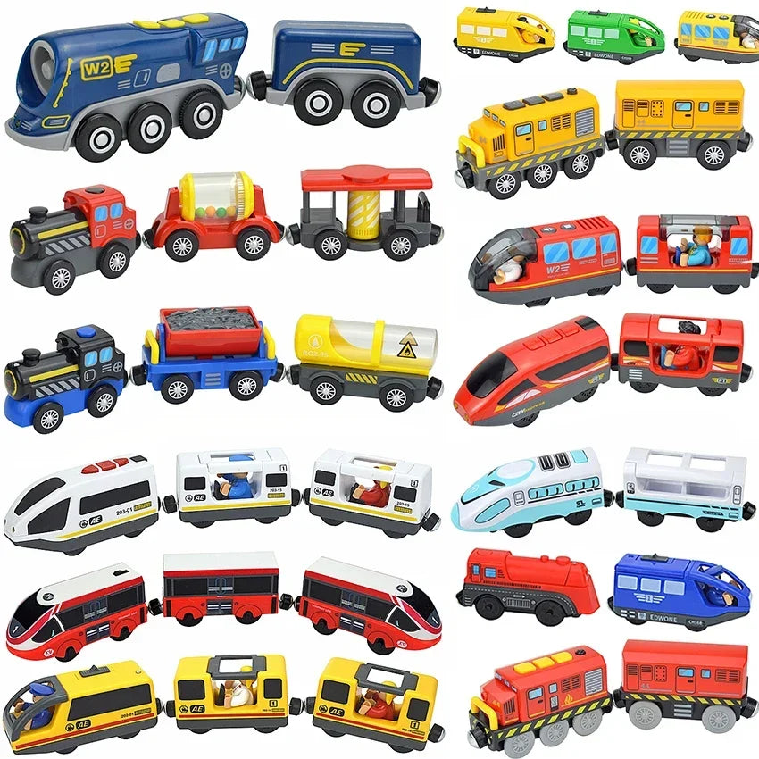 Magnetischer elektrischer Zug Lokomotive Holzeisenbahn Schlitz Diecast Eisenbahn mit zwei Waggons Zug Holz Kinderspielzeug Biro Leduo Strecke