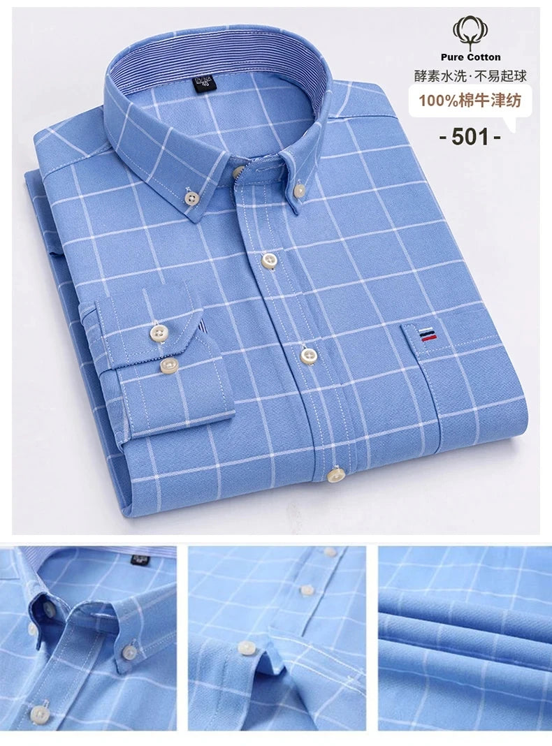 100 % Baumwolle Oxford Herrenhemden Langarm Kariert Weich Regular Fit Festliches Hemd Tasche Sozial Bluse Herrenkleidung S-7XL