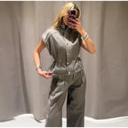 Jeansweste Lockere Lange Hose Damen Set Stehkragen Einreiher Taillierte Oberteile Hohe Taille Hose Schicke Lässige Damen Neue Sets