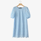 ZANZEA Sommerkleider für Damen, Lochstickerei, O-Ausschnitt, halbe Puffärmel, kontrastfarbene Borte, knielanges Kleid, lässige A-Linien-Roben