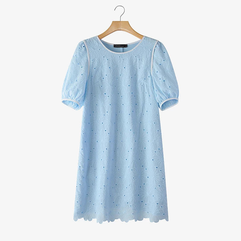 ZANZEA Sommerkleider für Damen, Lochstickerei, O-Ausschnitt, halbe Puffärmel, kontrastfarbene Borte, knielanges Kleid, lässige A-Linien-Roben