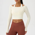 Yoga Langarm T-Shirt Damen Ein-Schulter Sexy Eng Anliegende Fitness-Oberteile Nude-Feel Schnelltrocknendes Sport Langarm Yoga Shirts
