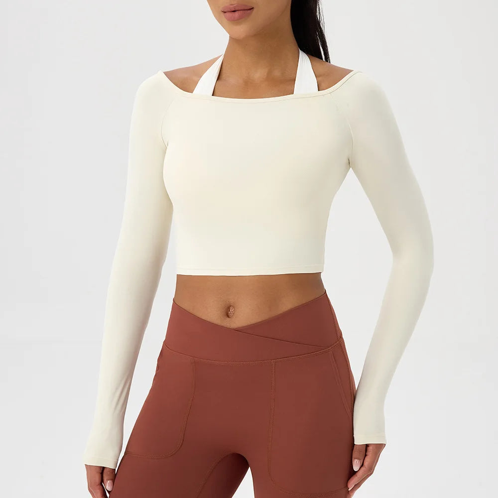 Yoga Langarm T-Shirt Damen Ein-Schulter Sexy Eng Anliegende Fitness-Oberteile Nude-Feel Schnelltrocknendes Sport Langarm Yoga Shirts