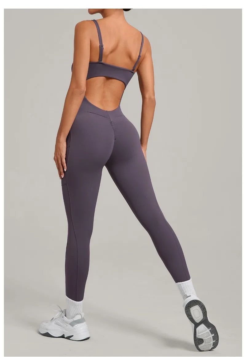 Damen Yoga Jumpsuits Sport Fitness Einteiler Schönheits-Rückengurt Tasche Hüfthebend Slim Fit Laufen Workout Training Bodysuit