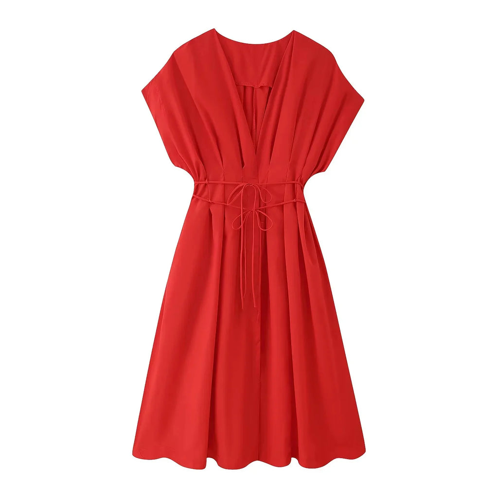 KONDALA 2026 Frühling Sommer Vintage Damenkleid Mode Einreihig Schärpen Drapierter V-Ausschnitt Ärmellos Schicke Braune Damenkleider