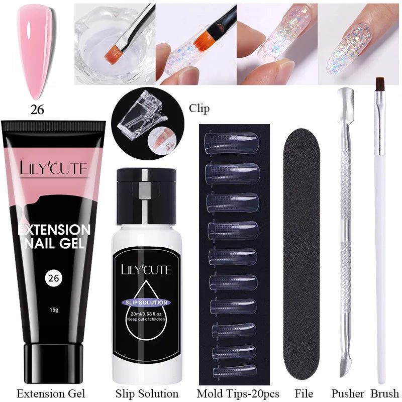 LILYCUTE 15ml Verlängerungsgel-Nagellack-Set Quick Nail Prolong mit Verlängerungsform-Nagelspitzen Acryl-Lösung Maniküre-Werkzeug-Kit