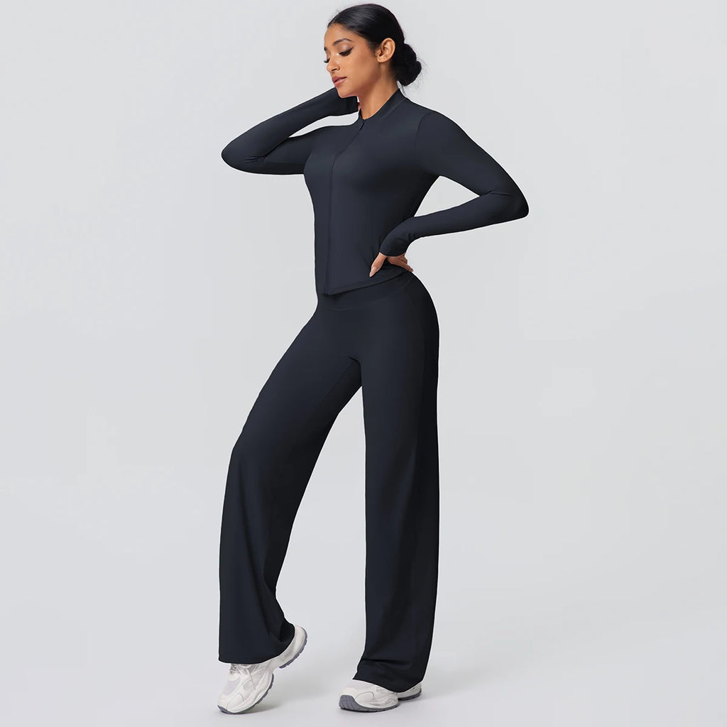 2-teiliges schnelltrocknendes Sport-Fitness-Bekleidung Yoga-Set Damen Yoga Reißverschluss Langarm High Waisted atmungsaktive weite Hose Set