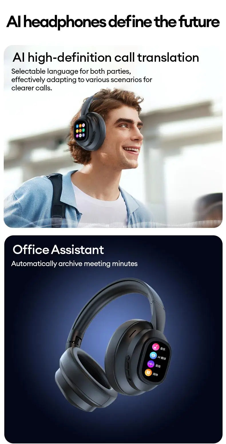 AI LCD Touchscreen Shock Bass Headsets HIFI Sound Kabellose Bluetooth-Kopfhörer ANC Geräuschunterdrückung Gamer-Ohrhörer mit Mikrofon
