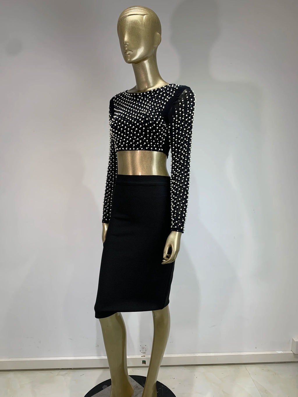 Sexy O-Ausschnitt Langarm Mesh Perlen Beige Schwarz Celebrity Midi Damen Bandagen-Set 2024 Designer Abendparty Damen-Set