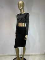 Sexy O-Ausschnitt Langarm Mesh Perlen Beige Schwarz Celebrity Midi Damen Bandagen-Set 2024 Designer Abendparty Damen-Set