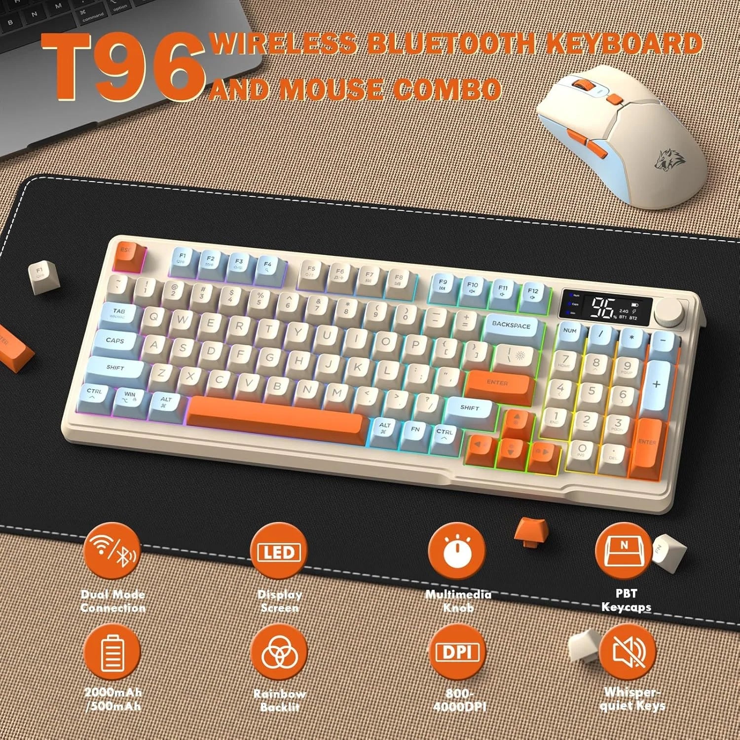 ZIYOU LANG T96 Wireless Gaming Keyboard and Mouse Combo, BT/2.4G RGB Backlit with Smart Display & Knob, 4000 DPI Gaming Mouse Hauptbild
