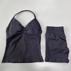 No Logo 2-teiliges Sportset Damen Rückenloses Tanktop Hohe Taille Scrunch Nahtlose Shorts Gym Set Sportbekleidung Workout Set Yoga