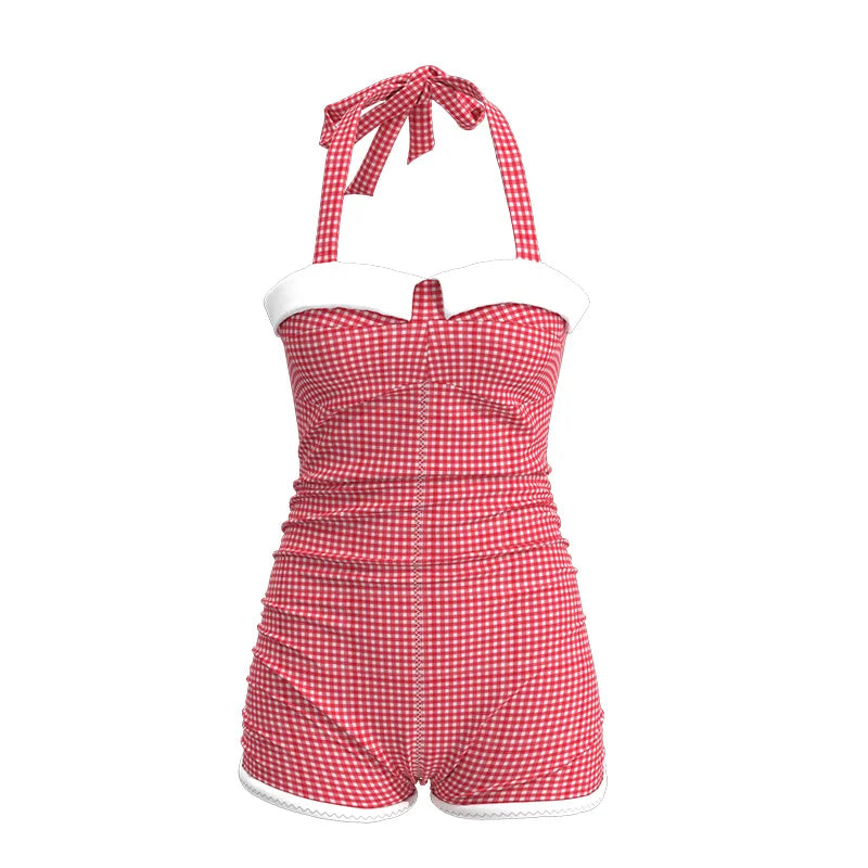 USPOP Vintage Gingham Einteiler Badeanzug für Damen, Retro Neckholder Badeanzug, bequeme Sommer-Bademode