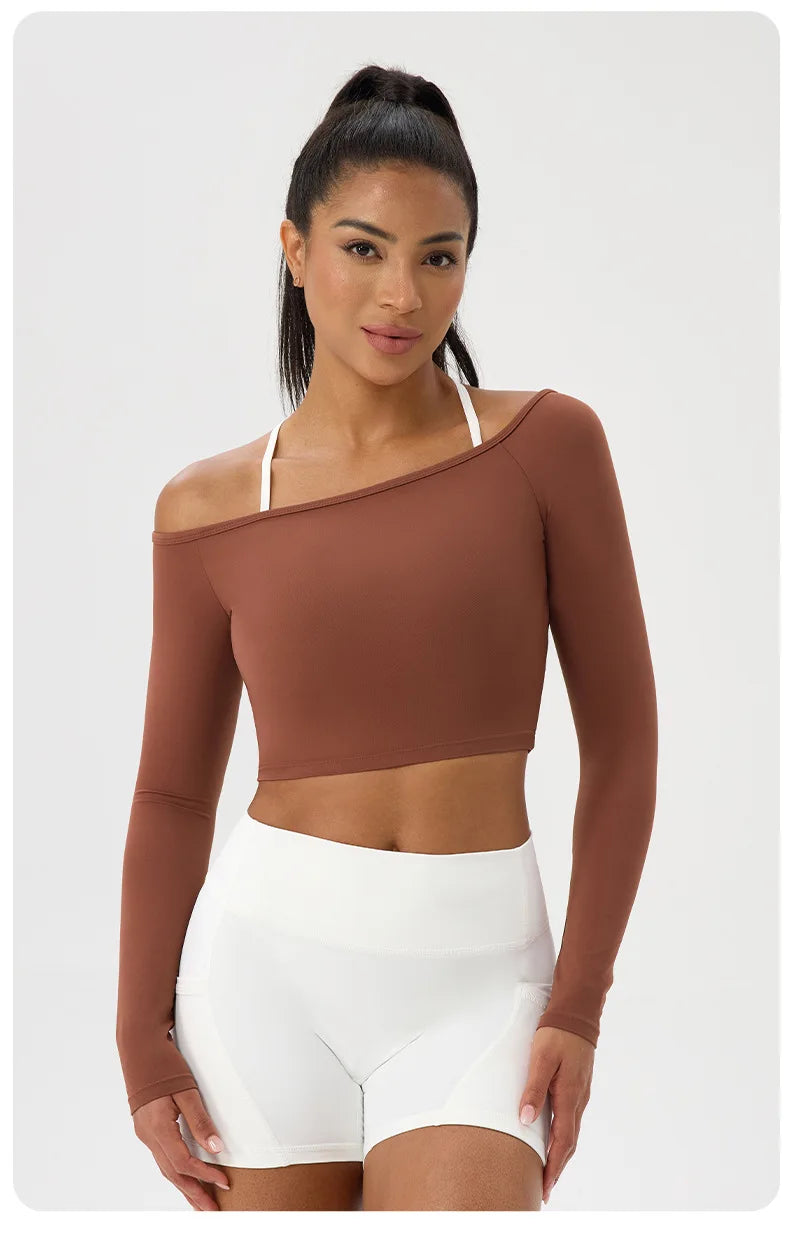 Yoga Langarm T-Shirt Damen Ein-Schulter Sexy Eng Anliegende Fitness-Oberteile Nude-Feel Schnelltrocknendes Sport Langarm Yoga Shirts