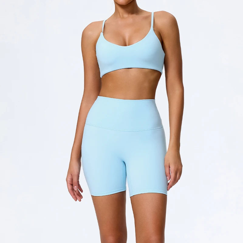 Hearuisavy Sommer Superweiches 2-teiliges Damen-Sportshorts-Set atmungsaktives Fitness-Yoga-BH Freizeit-Push-Up-Workout-Crop-Top
