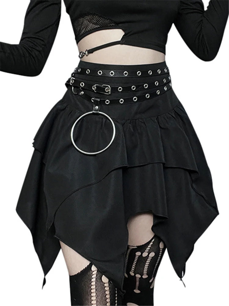 Sommer-Fashion Kurze Röcke Neue sexy Damen Gothic Punk Irreguläre Röcke Einfarbig Tunnelzug zum Binden Geraffte Rüschen Minirock