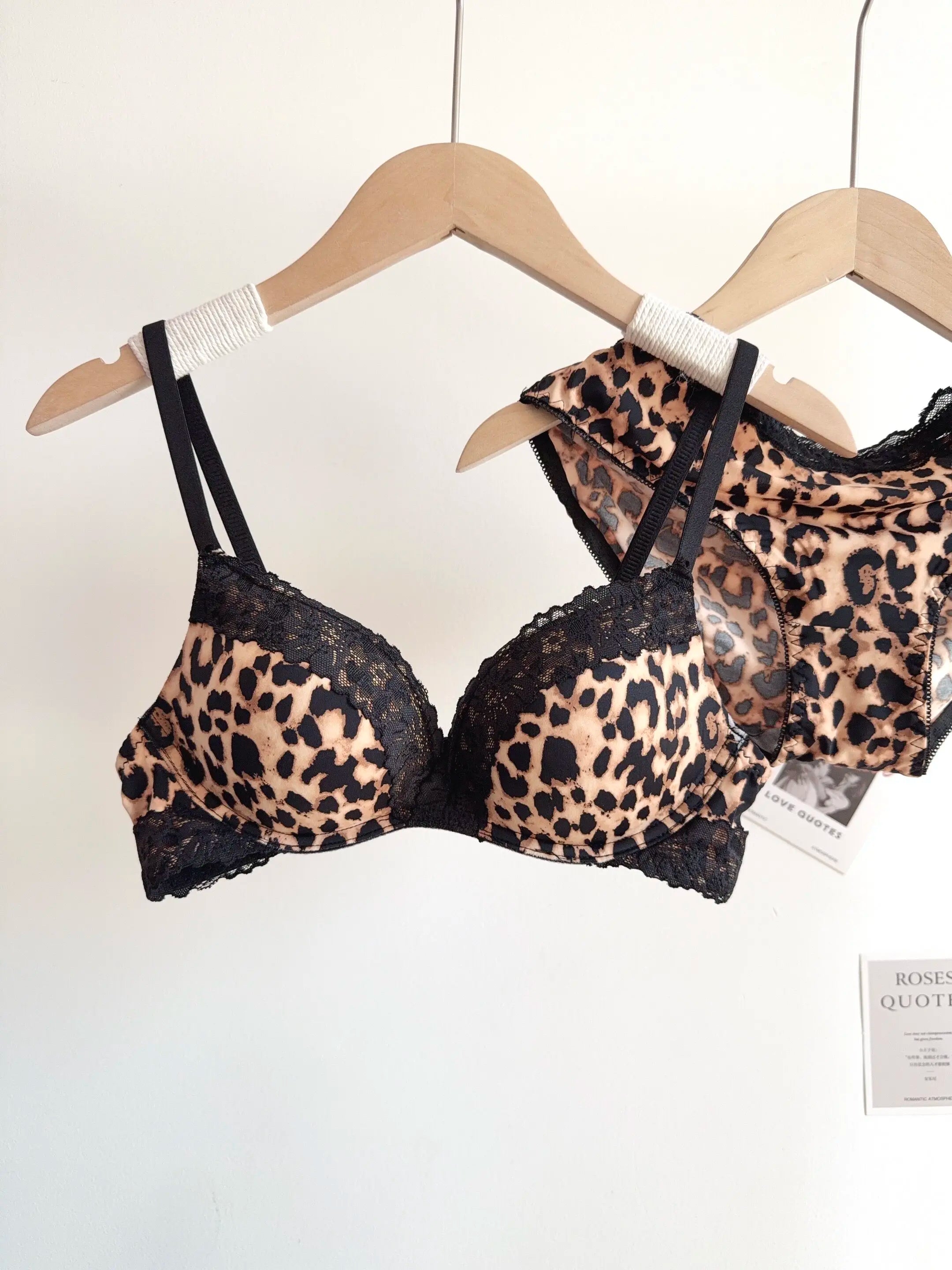 Sexy Leopard-Print-Dessous-Set für Damen, kabellos, unsichtbarer Push-Up für kleine Brüste, verstellbares A-bis-C-Körbchen, transparenter, reiner Spitzen-Look, S-XL