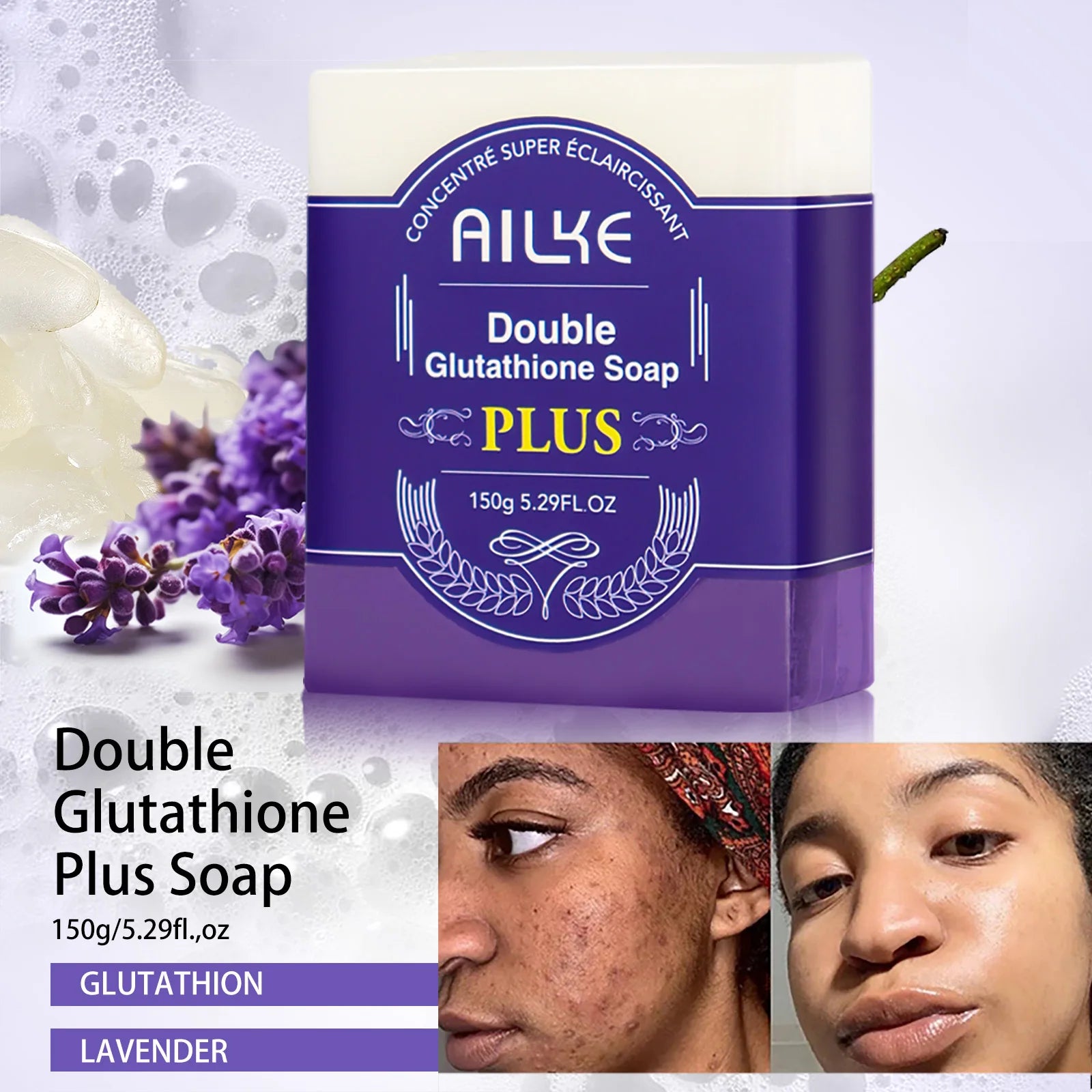 AILKE Double Glutathione PLUS aufhellende Seife, reduziert dunkle Flecken, reinigt die Haut gründlich, natürlicher Lavendelduft für Gesicht und Körper Hauptbild