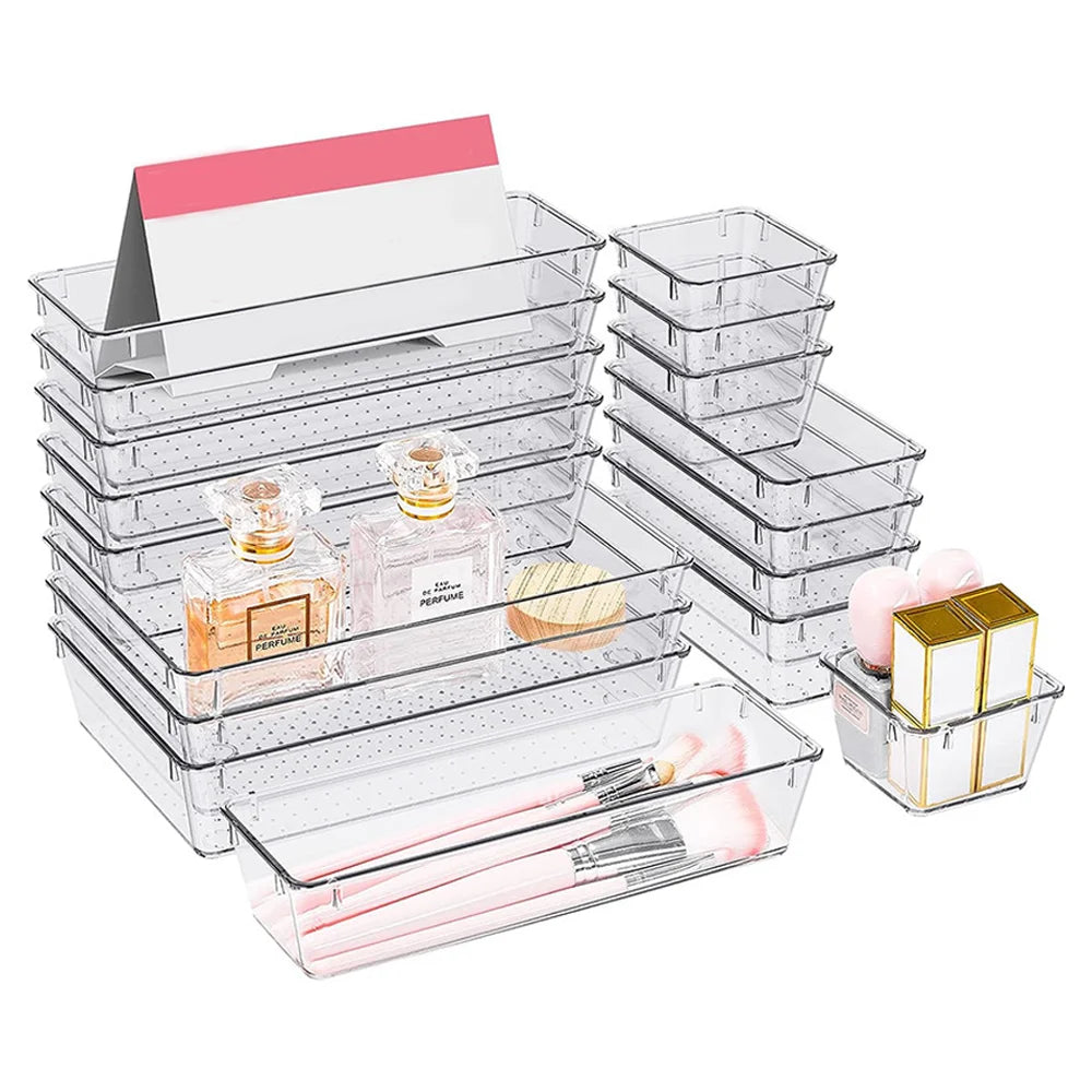 25tlg. Schubladen Organizer Set, durchsichtige Kunststoff-Schreibtischteiler, Behälter, Schlafzimmer-Kommode, Büro-Aufbewahrungsbox für Make-up, Schmuck, Gadgets