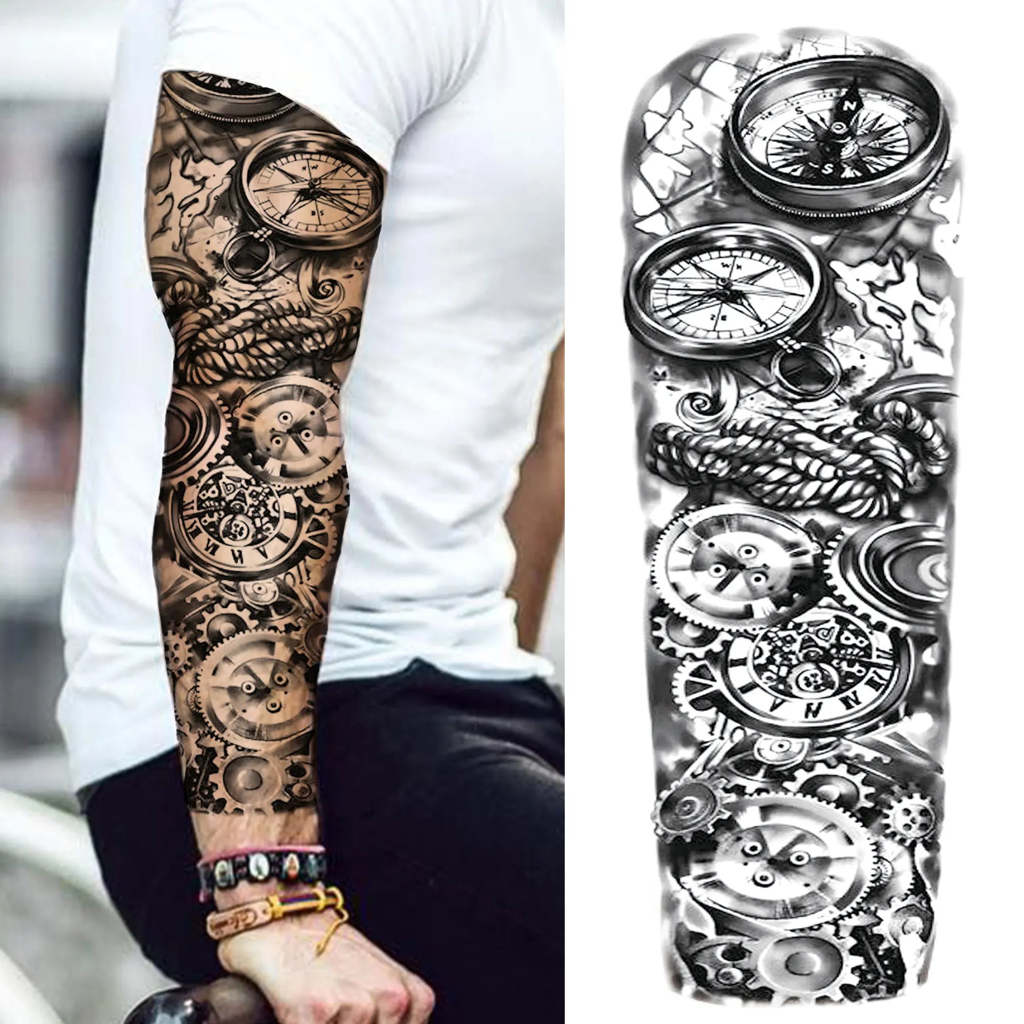 Kompass Roboterarm Temporäre Tattoos Ärmel für Männer Frauen Realistische Gefälschte Totenkopf Engel Ganzarm Tattoos Maori Totem Tattoo Aufkleber