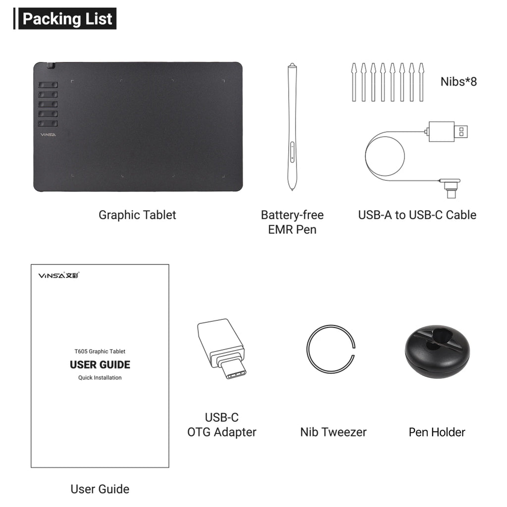 VINSA T1161 Graphics Drawing Tablet Ultra-thin Art Creation Sketch with Battery-free Stylus 8 Pen Nibs 8192 Levels Pressure