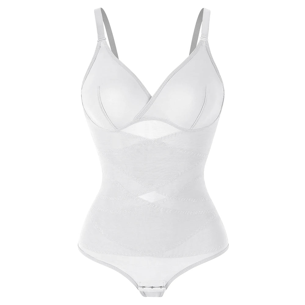 Cross Waist Tummy Control Body Shaping Bodysuit für Damen Ganzkörperkontrolle V-Ausschnitt Mesh Atmungsaktiver Slip Unterwäsche Po-Former