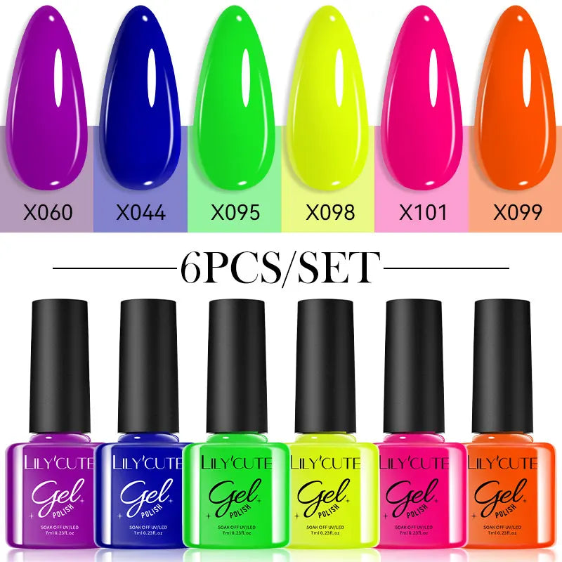 LILYCUTE 6PCS Gel-Nagellack-Set Sommer Neon Nagellack-Gel-Kits für DIY Nagel Semi-Permanenter UV-Lampe Gellack Nagellack-Set