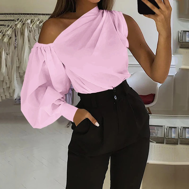 Sexy schulterfreie Damenhemden Sommer Laternenärmel Bluse Casual Loose Solid Tops Lady Elegante Blusen Femme Streetwear Hemd