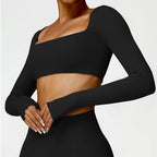 Hearuisavy Summer Casual Quick Dry Sportswear Women Square Neck Gym Top Women Fitness Sports Crop Top Long Sleeve Yoga Clothing