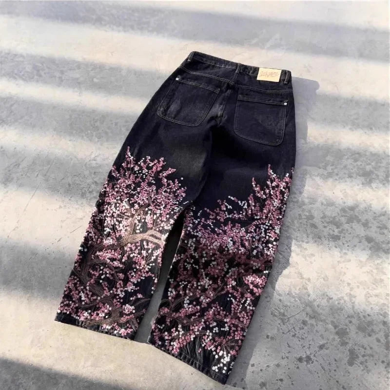 Y2K Black Washed Bestickte High-Waisted Oversized Jeans Herren Europäischer und Amerikanischer Retro Klassiker Lockere Weite Gerader Schnitt Hosen