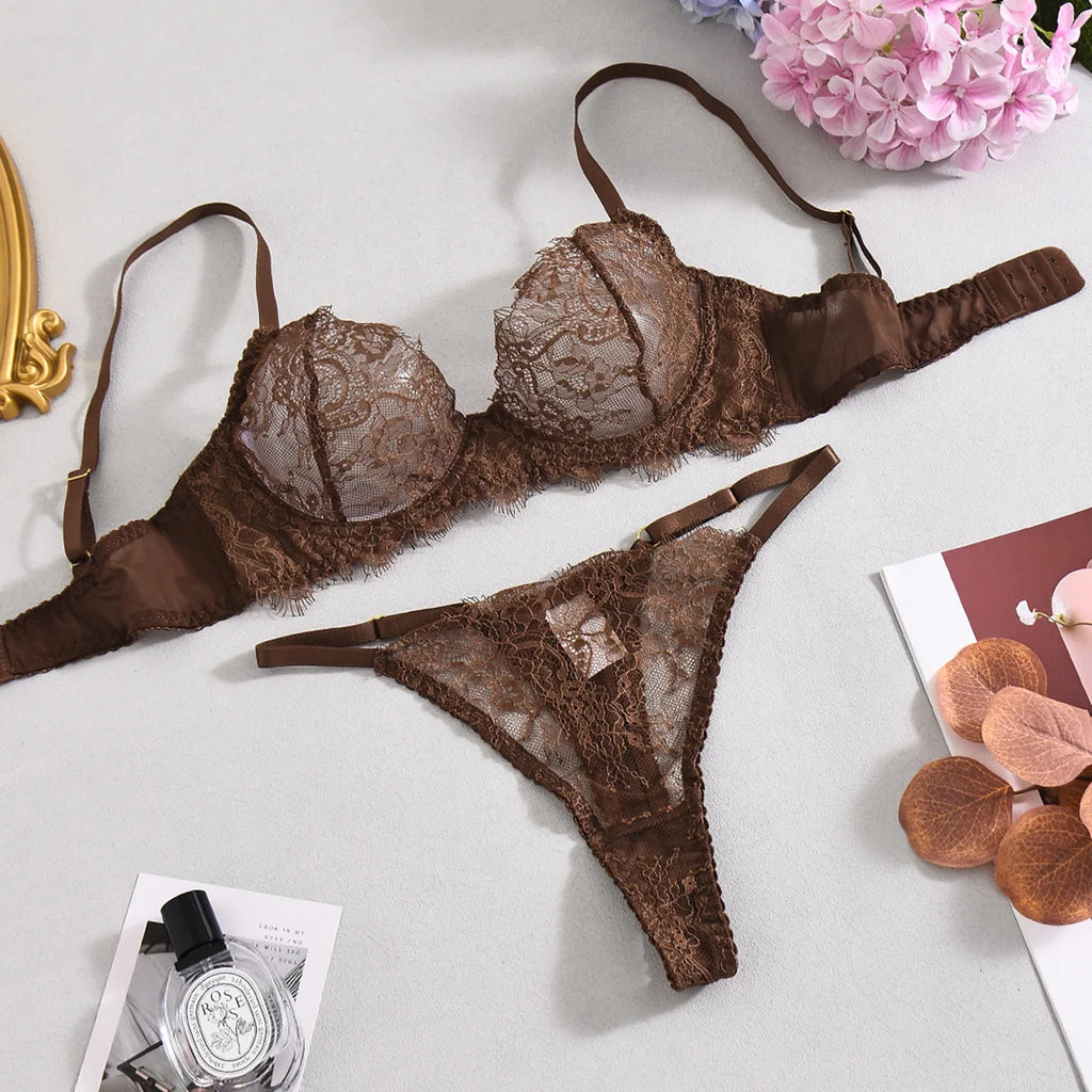 Elegant Lingeries Sexy Hot Exclusive Coffee Bra Belt Thong 3PC with Leg Circles Cute Intimate Lace Tempted Tipsy Set