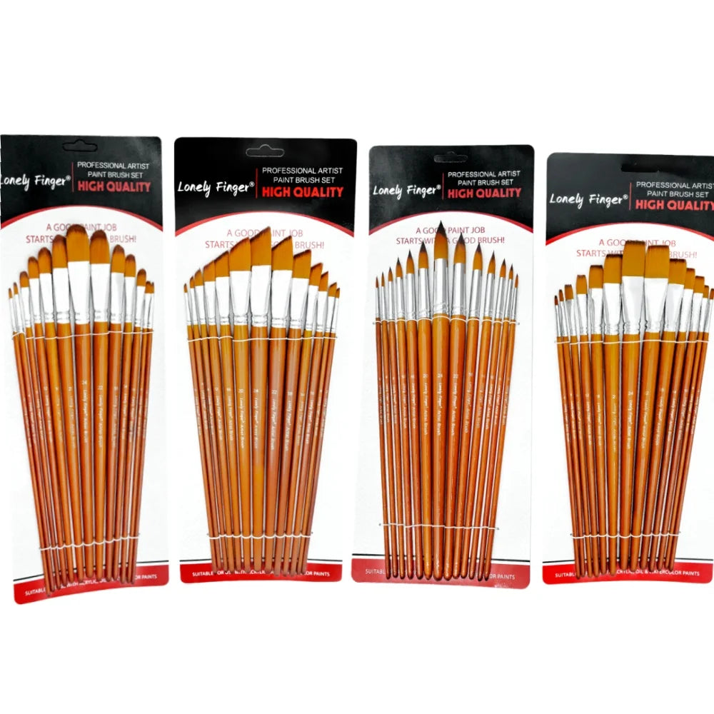 13 Pcs Long Handle Artist Paint Brush Set, 4 Tip Shapes :Pointed/Flat/Angled/Filbert for Multi-Media Art & Craft,Wooden Handle