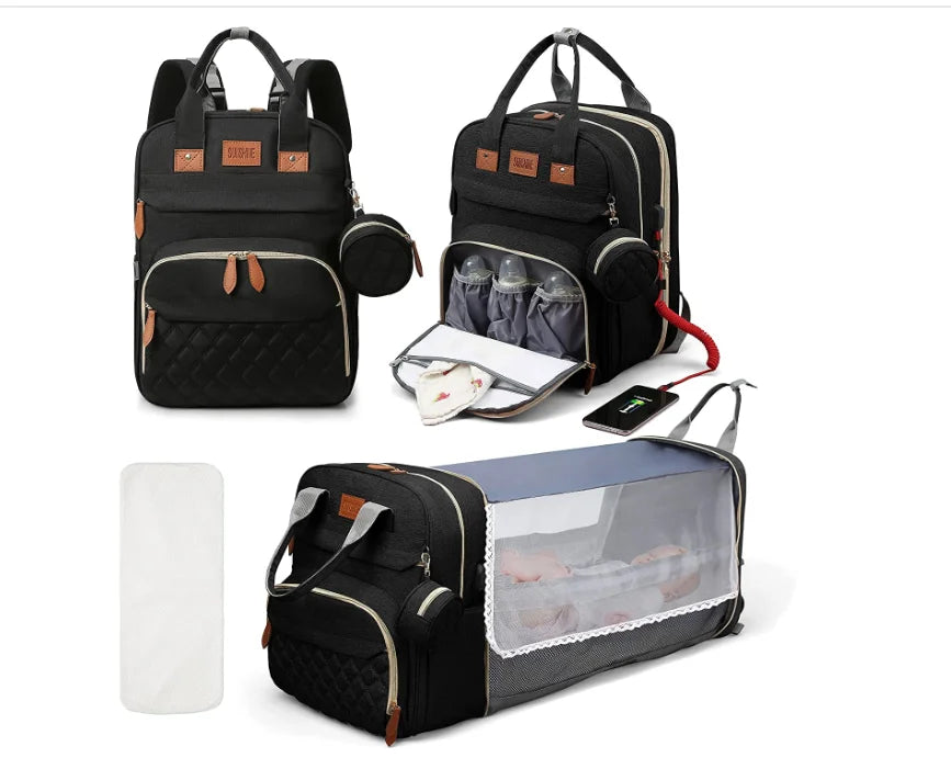 3-in-1-Wickeltaschen-Rucksack, faltbares Babybett, wasserdichte Reisetasche mit USB-Ladefunktion, Wickeltaschen-Rucksack mit Wickelbett, 3 Typen