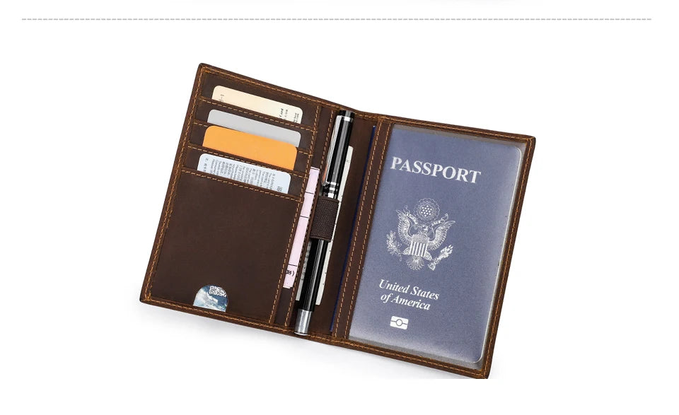 Retro Leather Passport Cover RFID Blocking For Cards Travel Passport Wallet Document Organizer Case With 1 Pen Holder Men Women