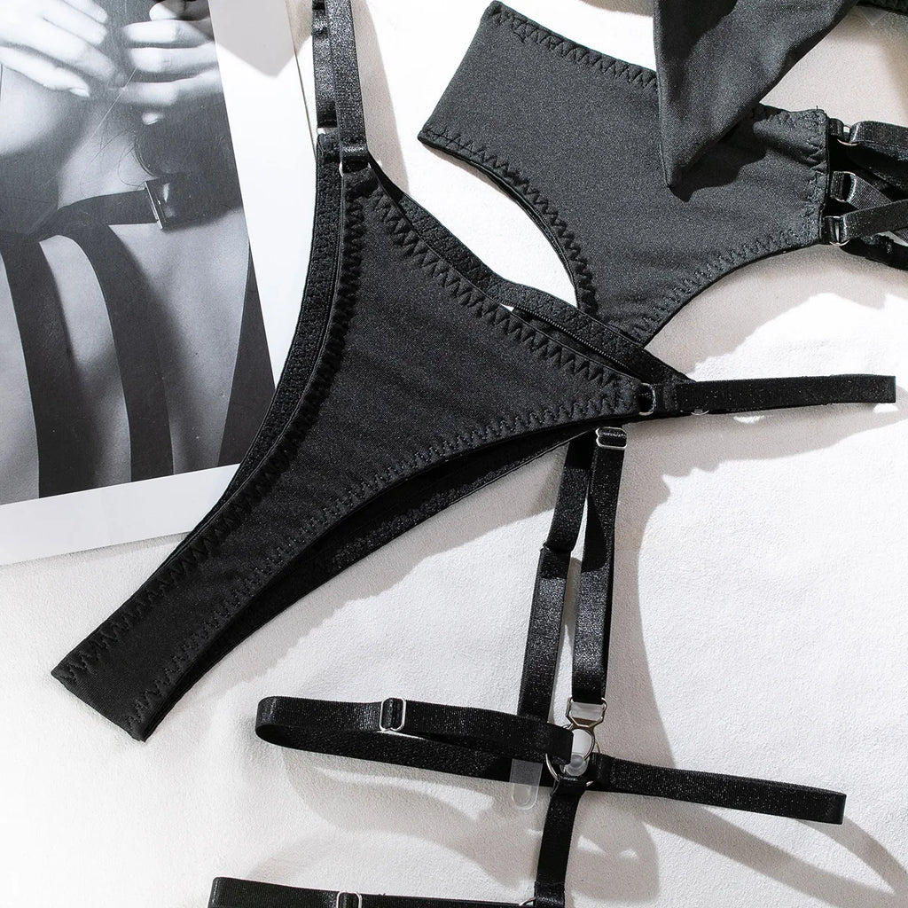 Sexy Dessous-Set mit Schleifenverzierung, durchbrochen, für Damen, einfarbig, exotische Bekleidung, weiblicher Stil, reine Begierde, Unterwäsche mit Strapsen und Handschuhen