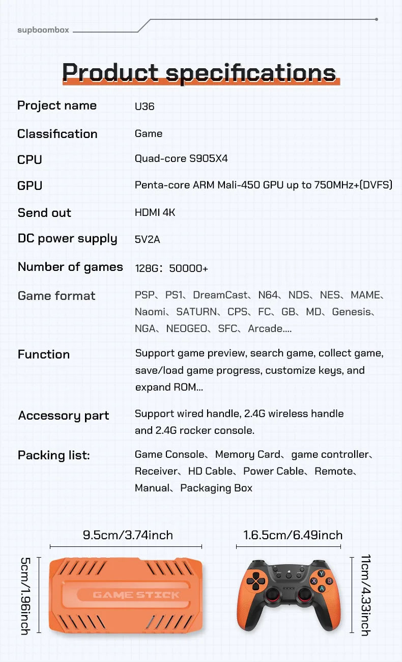 U36 Game-Joystick mit über 50.000 vorinstallierten Spielen, 4K HD-Ausgabe, Retro-Spielekonsole, 3D, über 40 Emulatoren, PSP, PS1