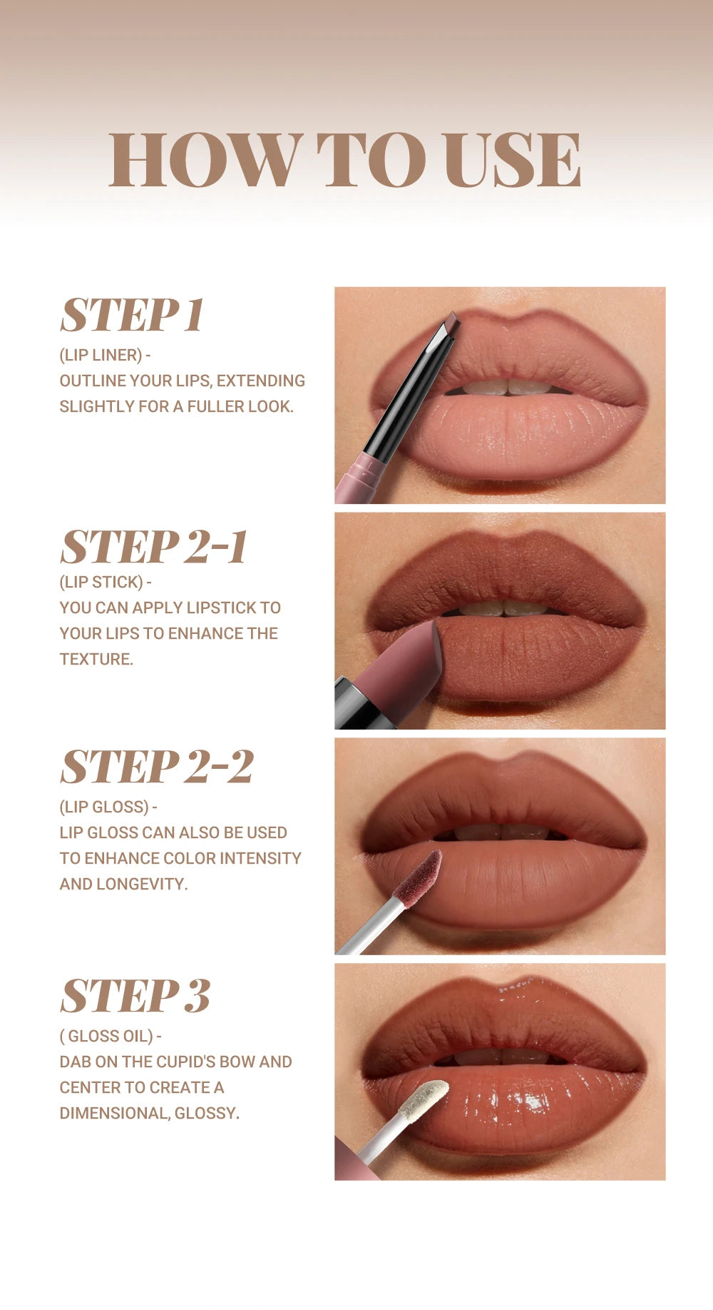 4tlg. Set Langanhaltendes Wasserdichtes Lippen-Make-up-Kit – Weicher, geschmeidiger cremiger Lippenstift & Lipgloss Lip Oil Set