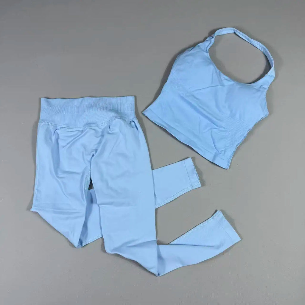OHNE LOGO Yoga-Outfit Sport-Impact-Gym-Set Neckholder-Oberteil und Leggings-Hosen-Sets Rückenloses Neckholder-Design Hochelastische Sportbekleidung