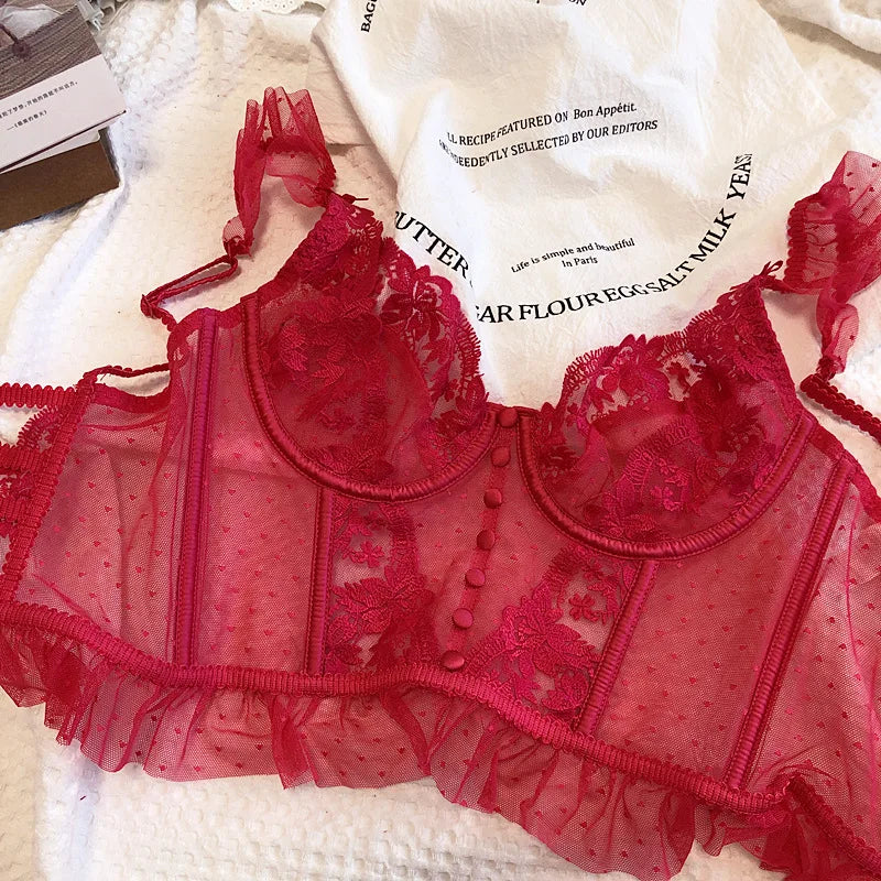 Heißer Verkauf Französisches sexy Dessous-Set für Damen, ultradünner transparenter BH und Höschen-Set, besticktes Spitzen-Form-Camisole-Unterwäsche-Set