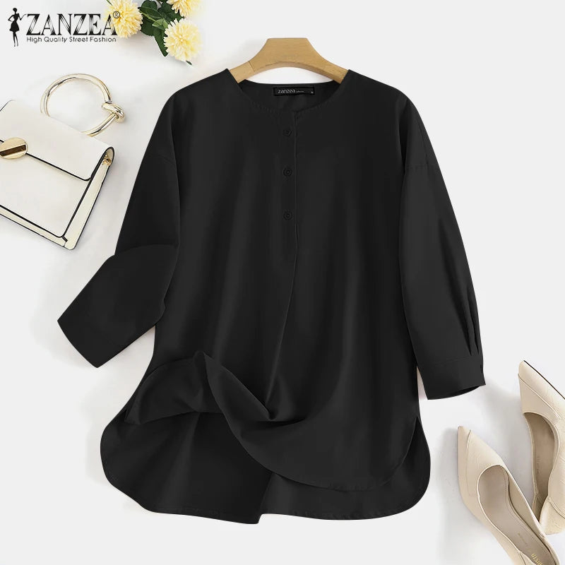 ZANZEA Mode Herbst Langarm Bluse Damen Weites Hemd Elegant Einfarbig OL Arbeitsplatten Lässig Locker Urlaub Arbeit Blusen Damen