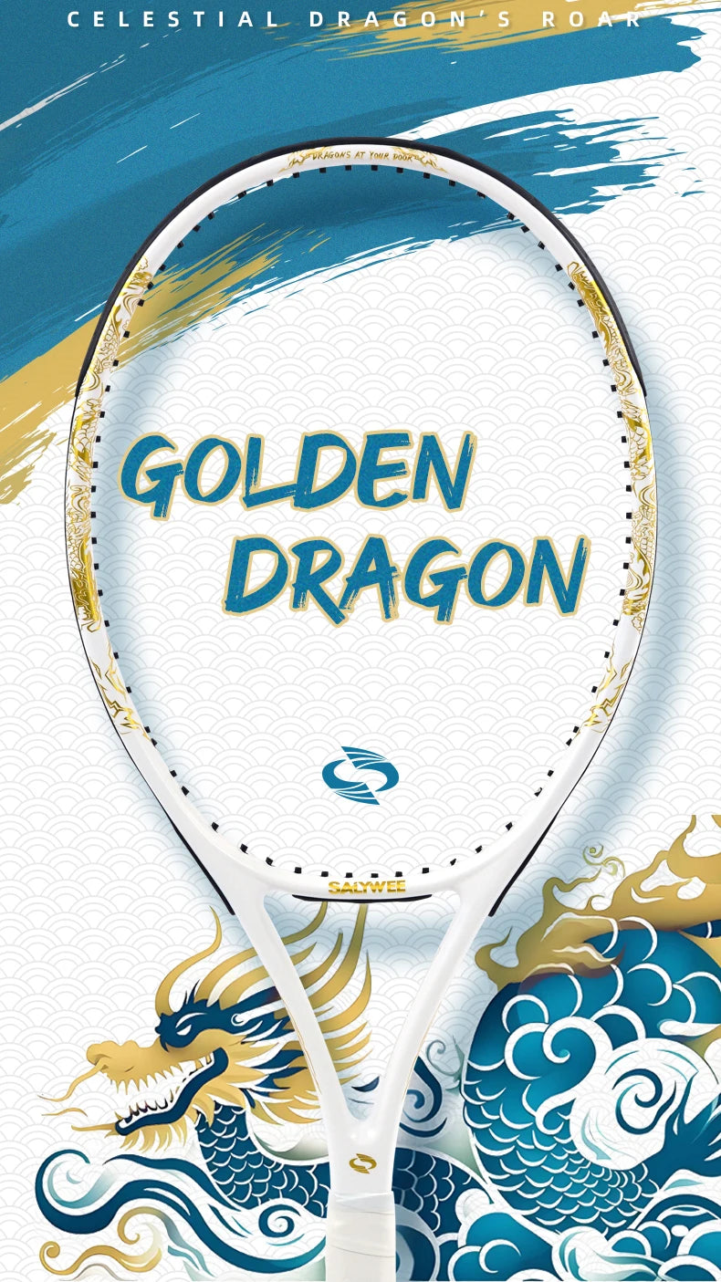 Golden-Dragon Carbonfaser Tennisschläger für Erwachsene, ideal für Fortgeschrittene, Drachen-Design im chinesischen Stil, 50–60 lbs, Gratis-Geschenke