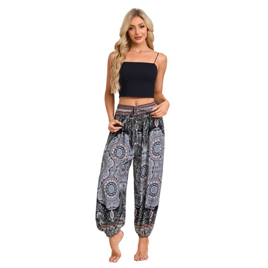 Damen Boho Weite Hosen Haremshose Erwachsene Hohe Taille Yoga Loose Laternenhose Atmungsaktive Strandhose Urlaub Bedruckte Jogger