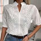 Sommer Blumenstickerei Spitzenbluse Mode Damen V-Ausschnitt Freizeitshirt Chic Kurzarm Hohl-Out Oberteile Elegante Blusen 24350