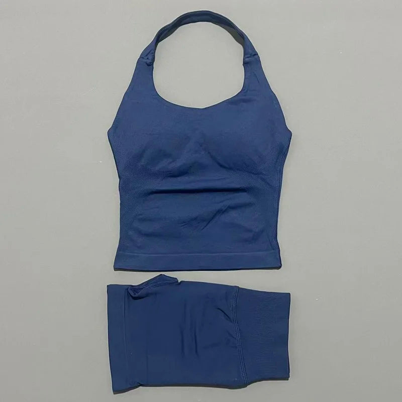 2-teiliges Sportset Damen Rückenloses Tanktop Hohe Taille Scrunch Nahtlose Shorts Fitnesskleidung Activewear Trainingssets Gym Anzug