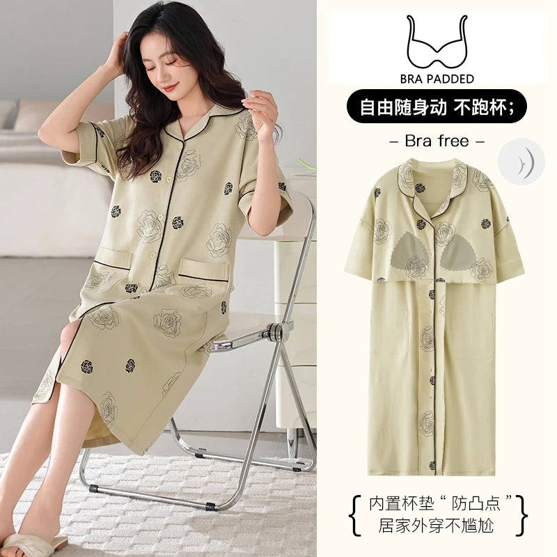 SUKAE Midi Nightdress M-5XL V-neck Bra Padded Botton Sleepshirt Plus Size Cotton Nightgowns Summer Women Short Sleeves Nightgown