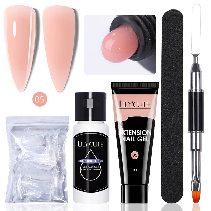 LILYCUTE 15ml Verlängerungsgel-Nagellack-Set Quick Nail Prolong mit Verlängerungsform-Nagelspitzen Acryl-Lösung Maniküre-Werkzeug-Kit